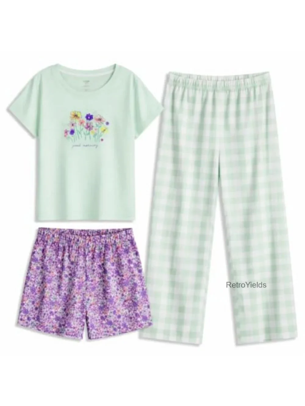 3-Piece Girls Pajama Set with Tee, Pants & Shorts - Soft Polyester Sleepwear